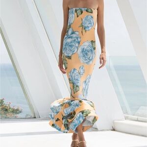 Floral Strapless Maxi Dress in Blue and Orange